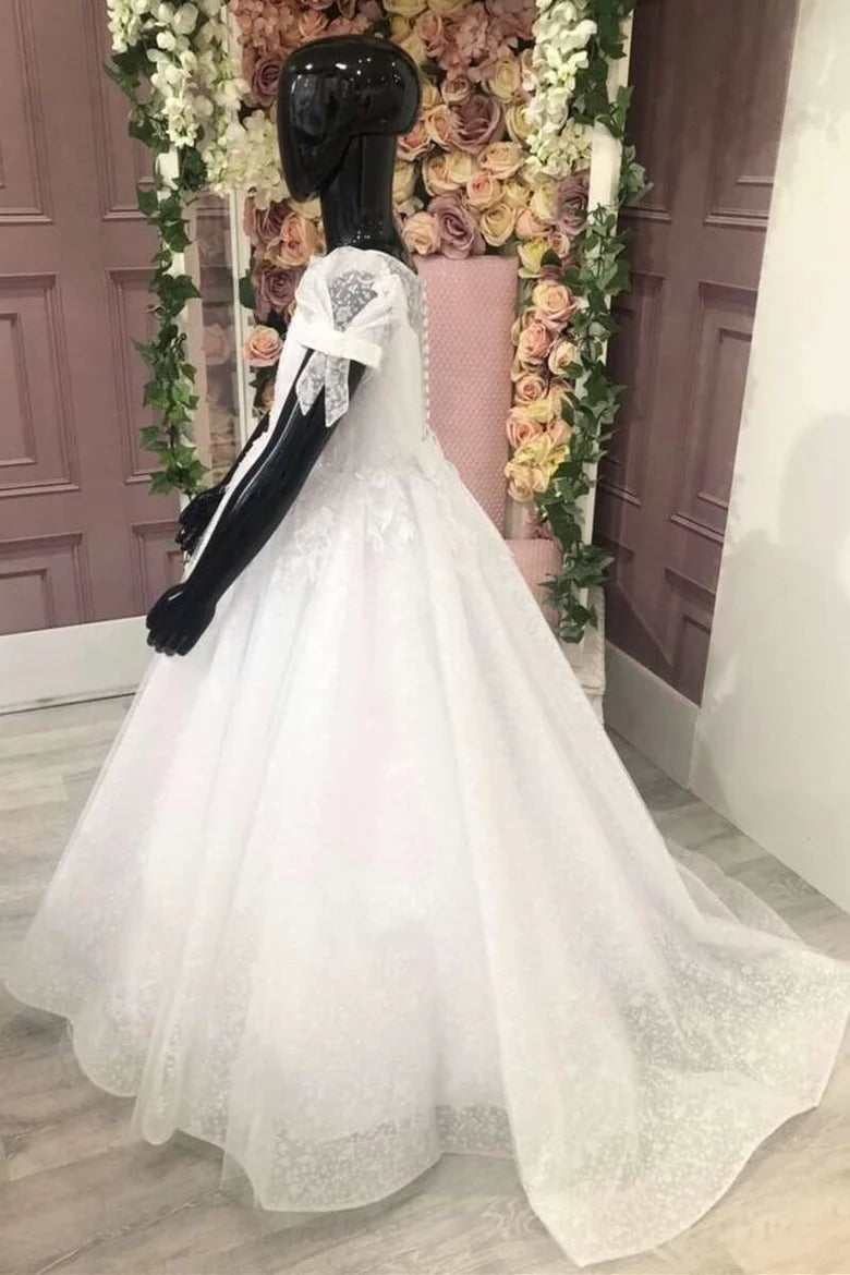 Cute White Puff Sleeve Appliqués Bow A-Line Flower Girl Dress