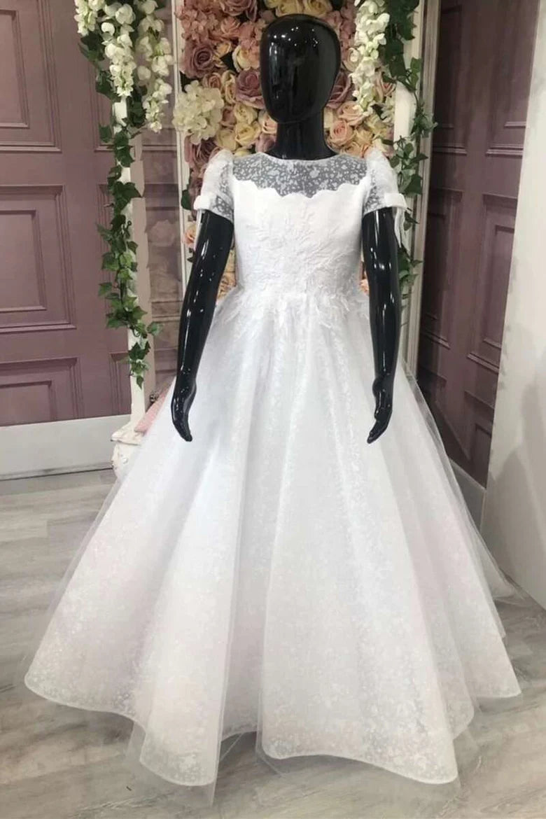 Cute White Puff Sleeve Appliqués Bow A-Line Flower Girl Dress