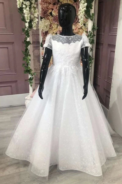 Cute White Puff Sleeve Appliqués Bow A-Line Flower Girl Dress