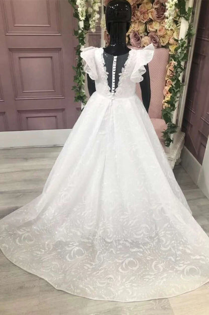 A-Line Pleated Ruffled Sleeve Lace Appliqués Flower Girl Dress