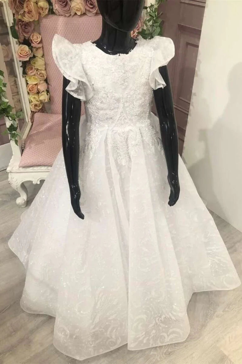 A-Line Pleated Ruffled Sleeve Lace Appliqués Flower Girl Dress