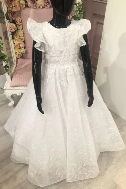 A-Line Pleated Ruffled Sleeve Lace Appliqués Flower Girl Dress