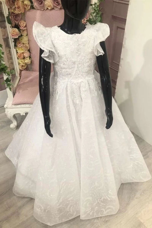 A-Line Pleated Ruffled Sleeve Lace Appliqués Flower Girl Dress