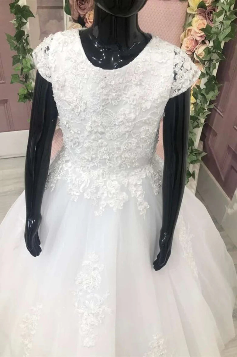 White Lace Appliqués A-Line Flower Girl Dress