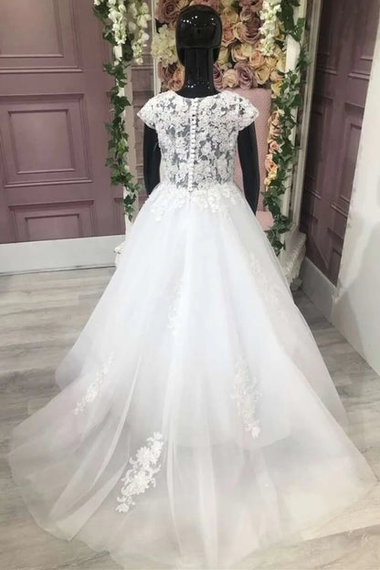 White Lace Appliqués A-Line Flower Girl Dress