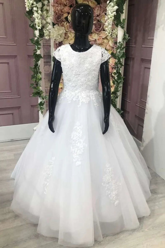 White Lace Appliqués A-Line Flower Girl Dress