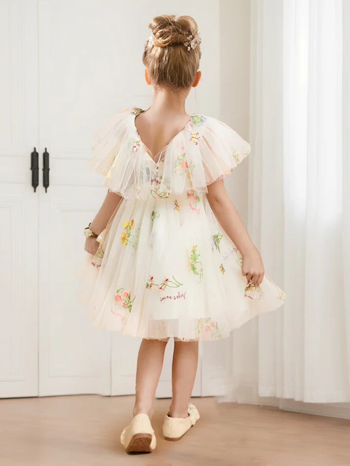 A-Line/Princess V-Neck Flutter Sleeves Tulle Flower Girl Dresses with Floral Embroidery