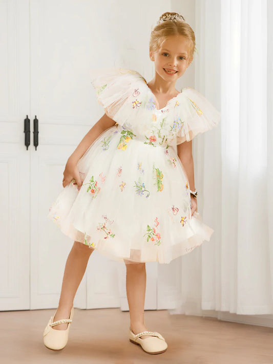 A-Line/Princess V-Neck Flutter Sleeves Tulle Flower Girl Dresses with Floral Embroidery