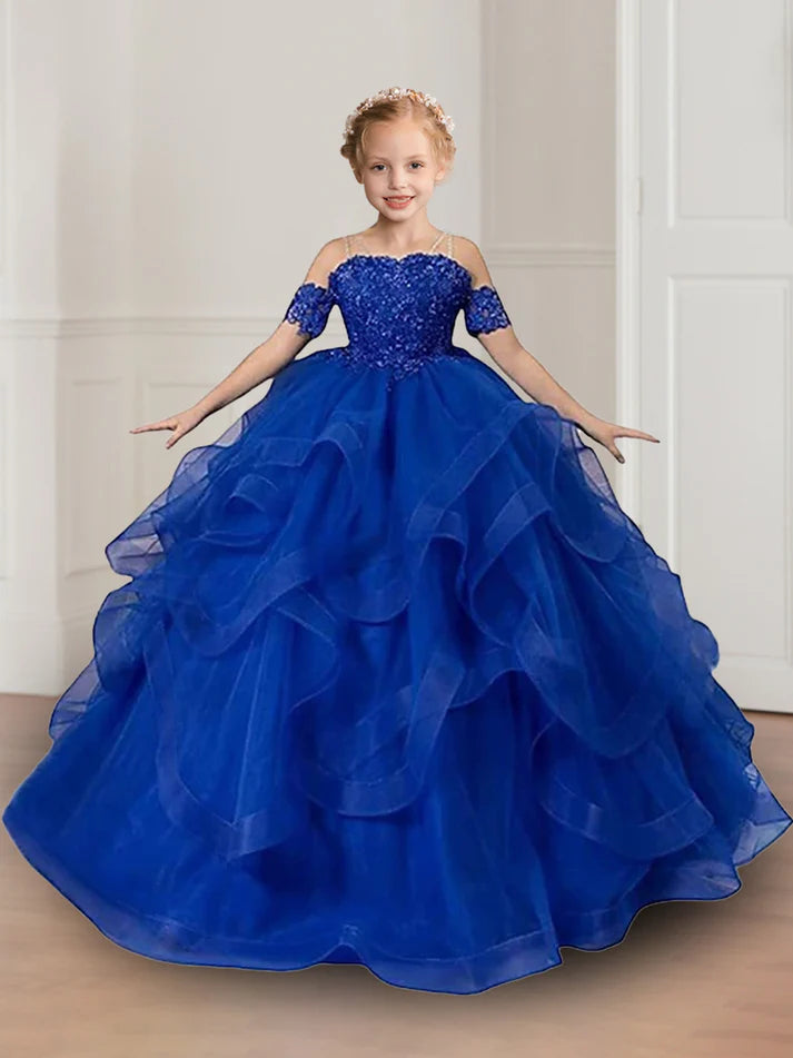 A-Line/Princess Straps Short Sleeves Lace Ruffle Flower Girl Dresses