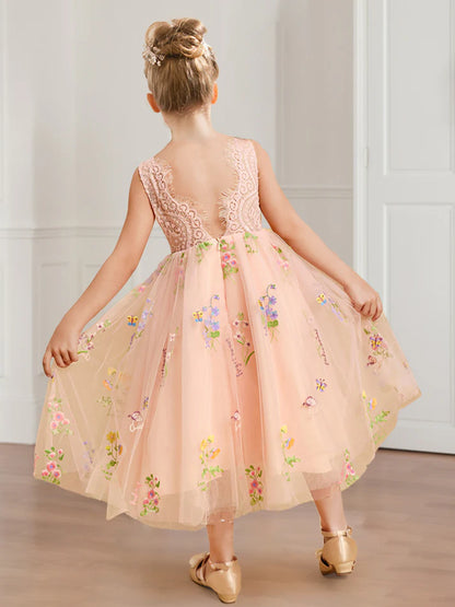 A-Line/Princess Scoop Neck Lace Tulle Flower Girl Dresses with Floral Embroidery