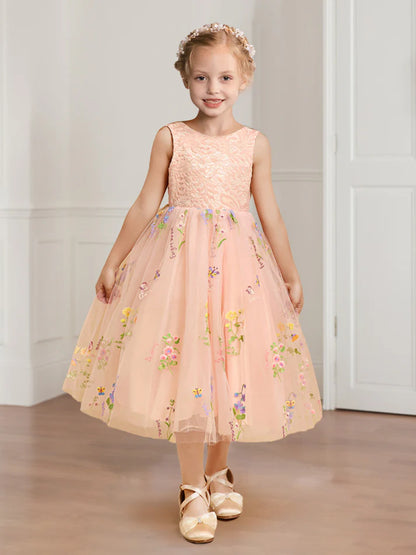 A-Line/Princess Scoop Neck Lace Tulle Flower Girl Dresses with Floral Embroidery