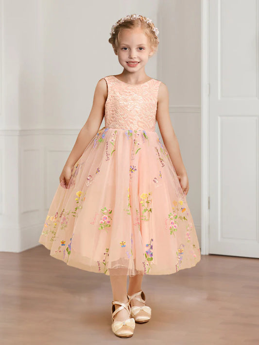 A-Line/Princess Scoop Neck Lace Tulle Flower Girl Dresses with Floral Embroidery