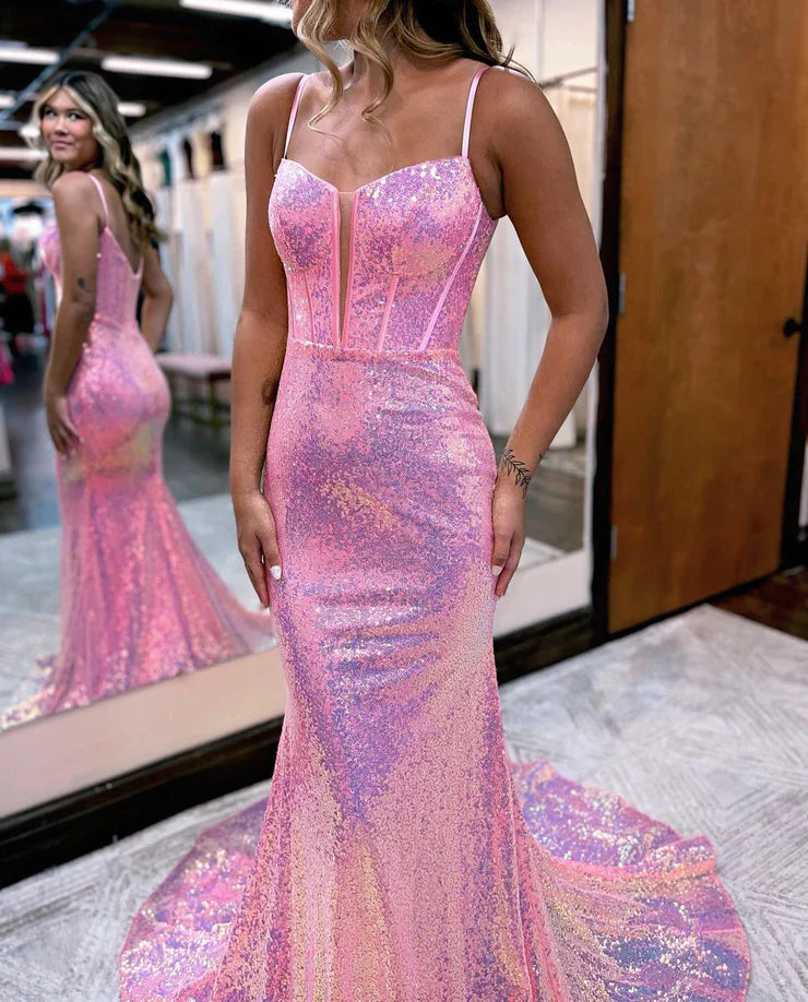 Sparkly Mermaid Sweetheart Pink Sequins Long Prom Dresses
