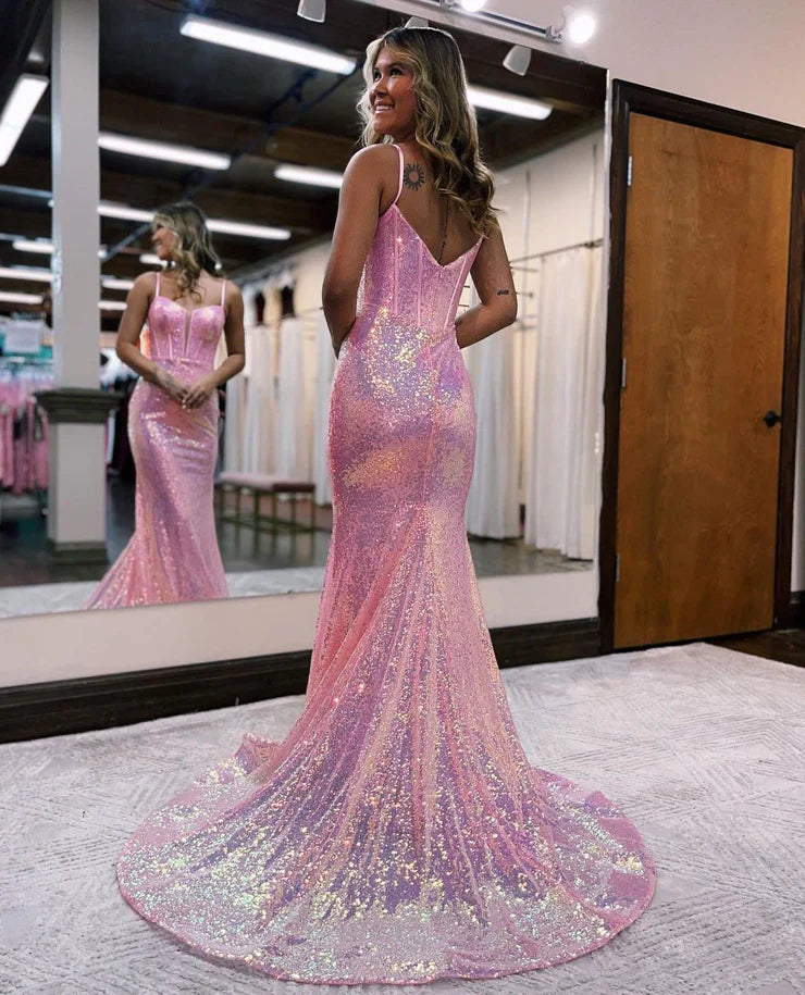 Sparkly Mermaid Sweetheart Pink Sequins Long Prom Dresses