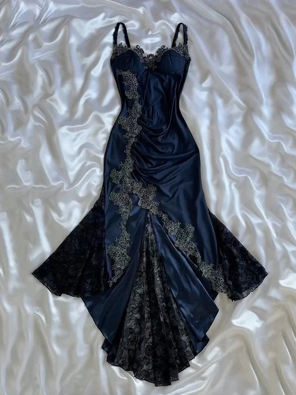Sexy Bodycon Mermaid Straps Long Navy Blue Lace Prom Dress Party Dresses