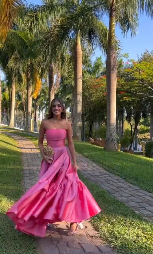 Classy Ball Gown Strapless Pink Floor Length Satin Prom Dresses Evening Gowns