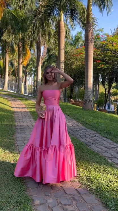 Classy Ball Gown Strapless Pink Floor Length Satin Prom Dresses Evening Gowns