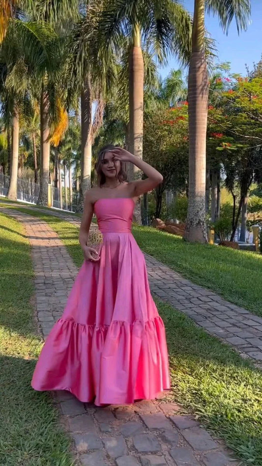 Classy Ball Gown Strapless Pink Floor Length Satin Prom Dresses Evening Gowns