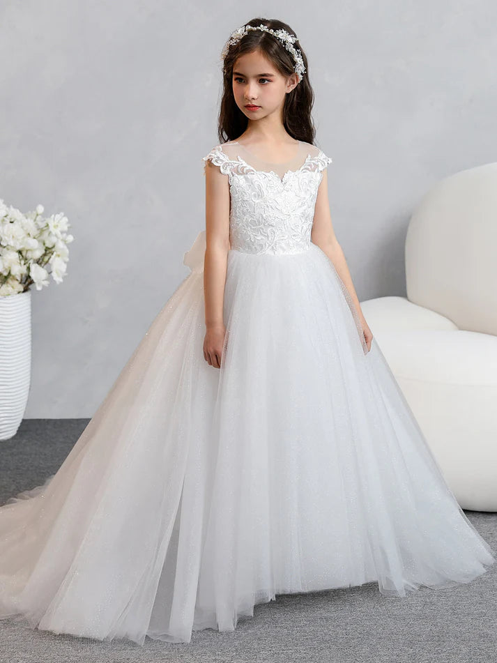 Crew Neck Tulle Flower Girl Dresses with Applique & Bowknot