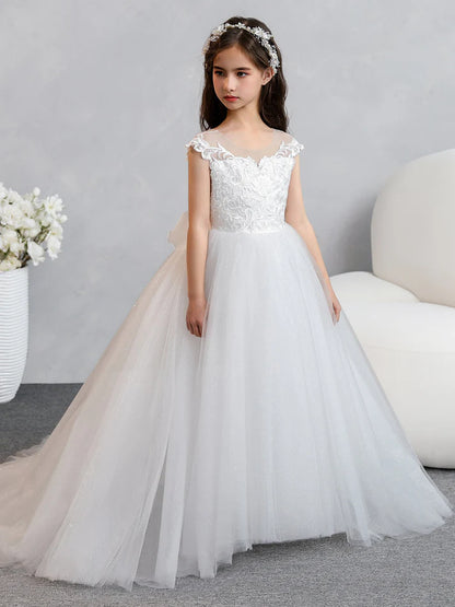 Crew Neck Tulle Flower Girl Dresses with Applique & Bowknot