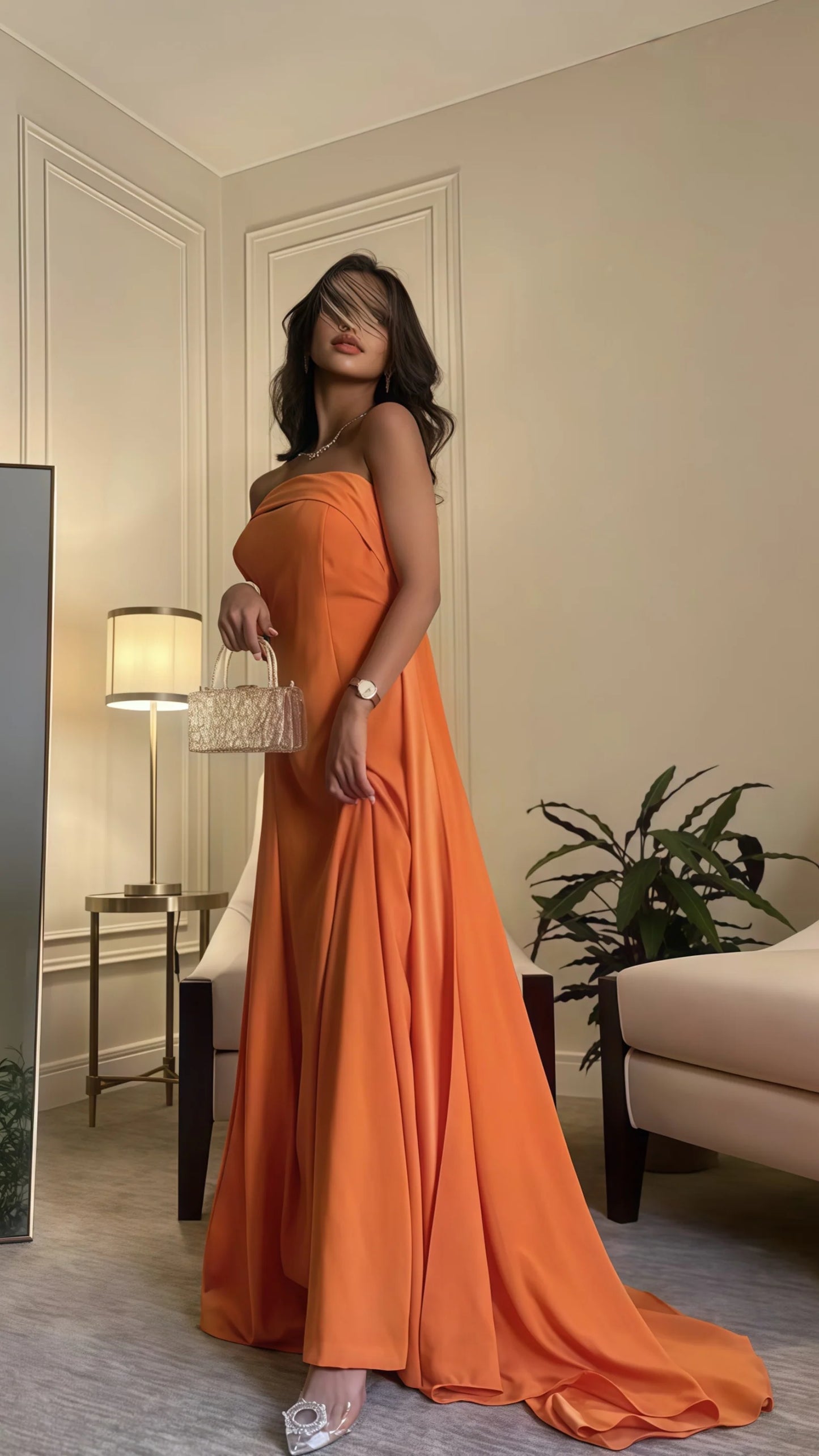 Strapless Orange A-Line Prom Dress Sleeveless Long Evening Dress