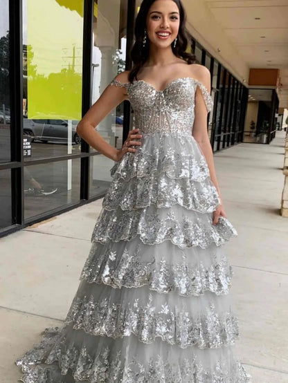 Glitter Hot Pink Corset Off the Shoulder Lace Long Prom Dress