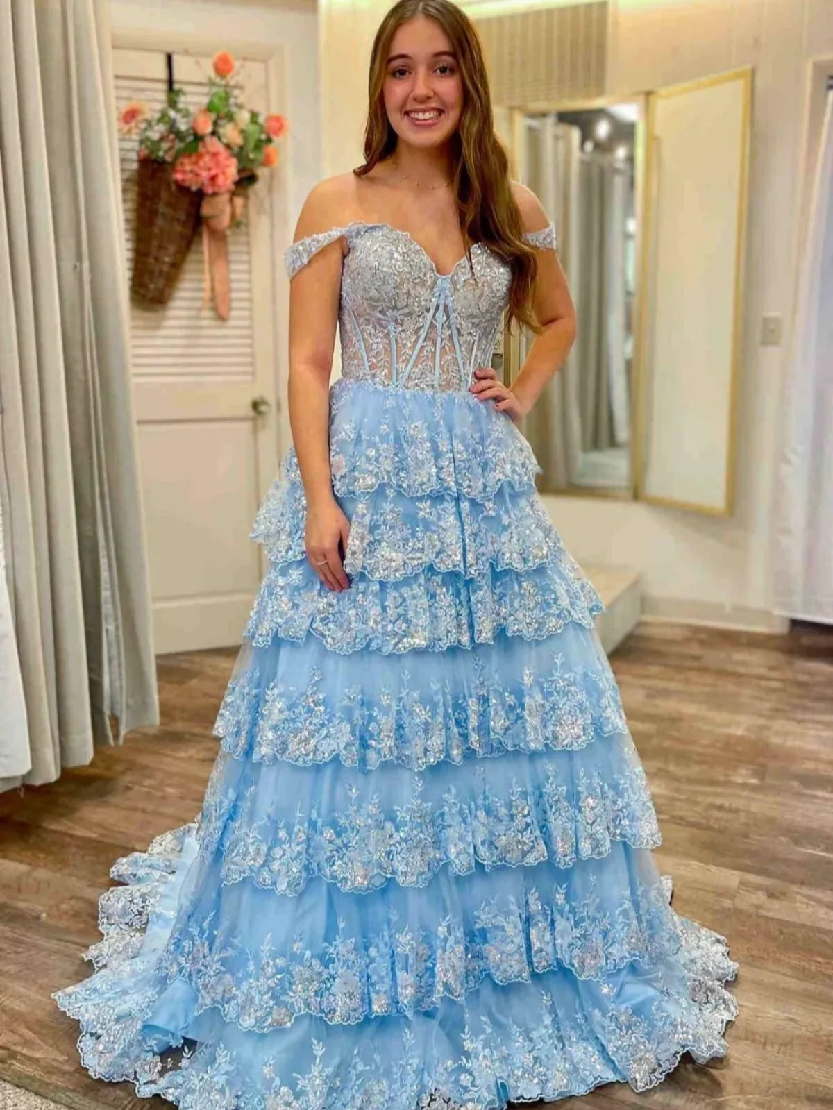 Glitter Hot Pink Corset Off the Shoulder Lace Long Prom Dress