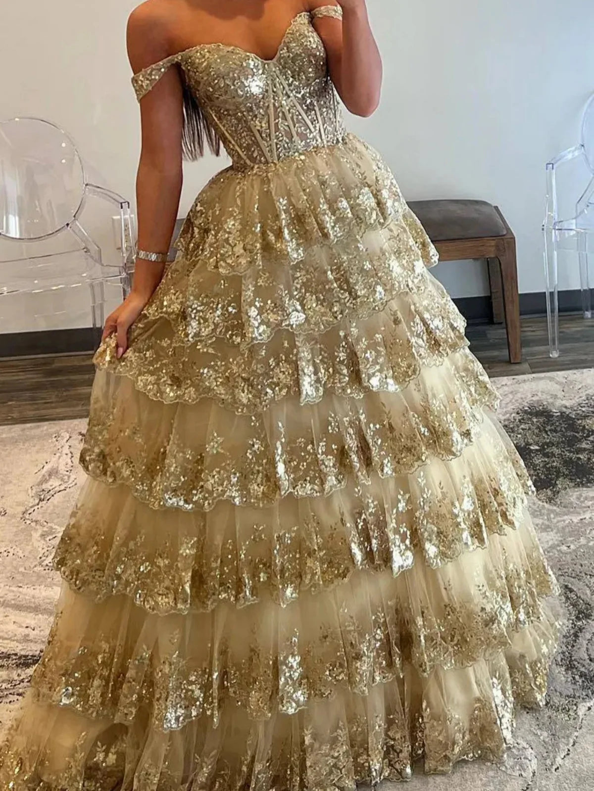 Glitter Hot Pink Corset Off the Shoulder Lace Long Prom Dress