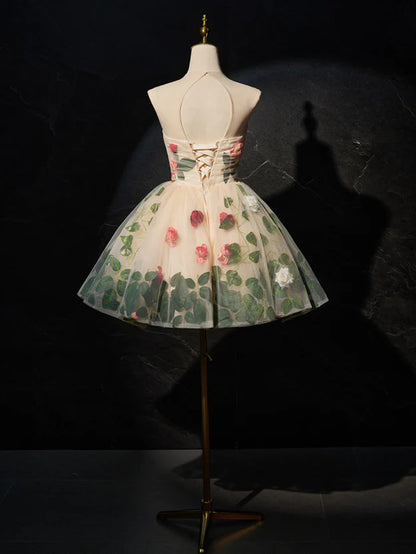 Cute Flowers Round Neckline Light Champagne Party Dress, Short Cute Prom Dress