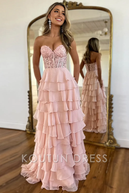 Light Blue A-Line Sweetheart Long Lace And Chiffon Prom Dress With Slit