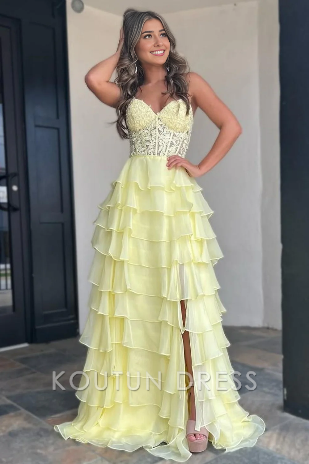 Light Blue A-Line Sweetheart Long Lace And Chiffon Prom Dress With Slit