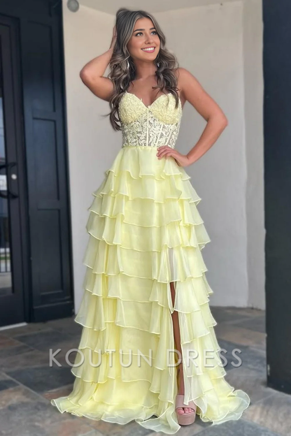 Light Blue A-Line Sweetheart Long Lace And Chiffon Prom Dress With Slit