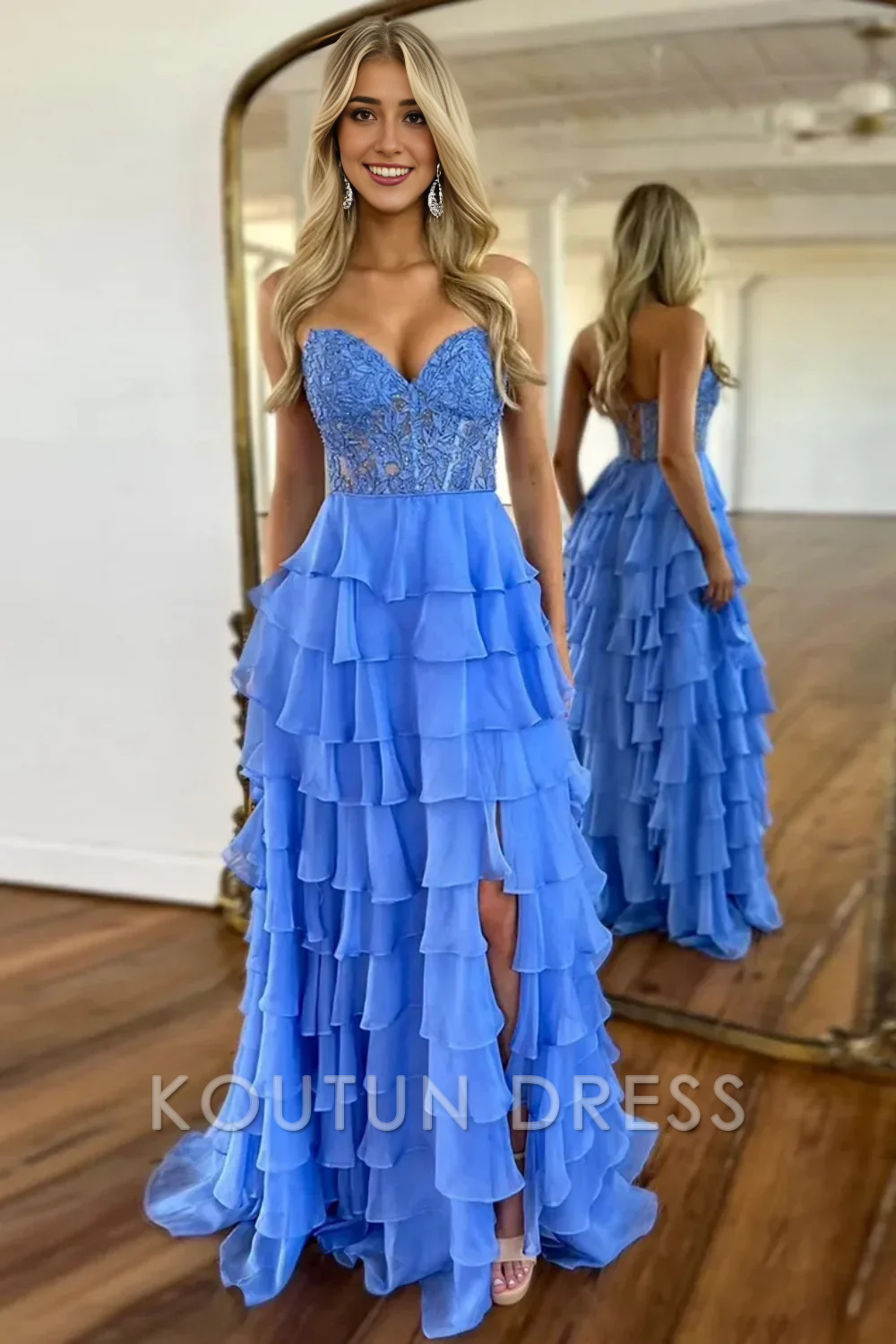 Light Blue A-Line Sweetheart Long Lace And Chiffon Prom Dress With Slit
