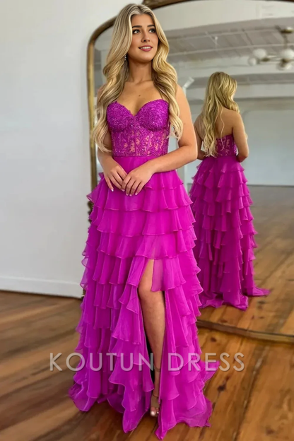 Light Blue A-Line Sweetheart Long Lace And Chiffon Prom Dress With Slit