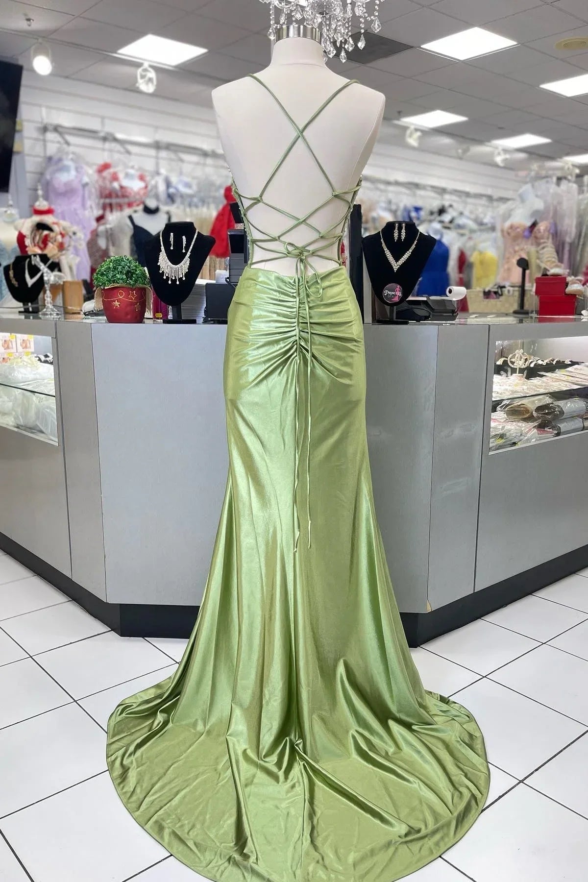 Hot Mermaid Spaghetti Straps Green Long Prom Dress with Criss Cross Back