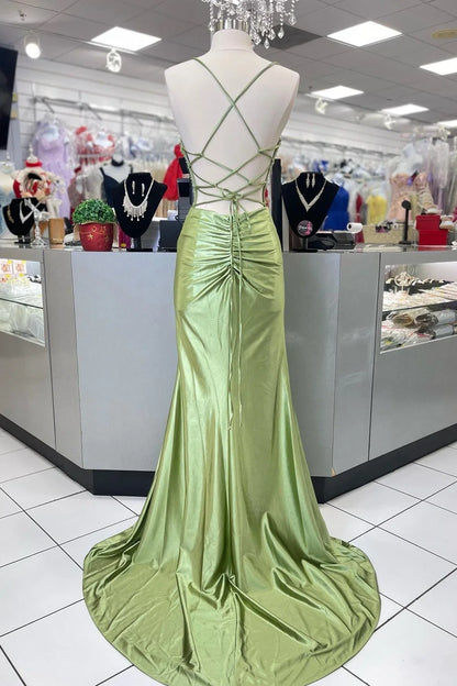 Hot Mermaid Spaghetti Straps Green Long Prom Dress with Criss Cross Back