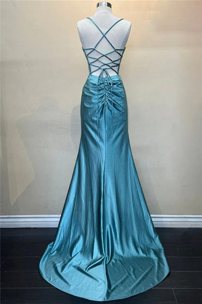 Hot Mermaid Spaghetti Straps Green Long Prom Dress with Criss Cross Back