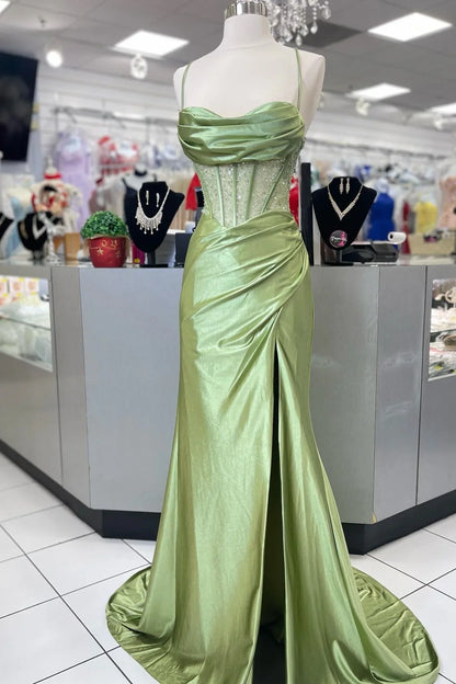 Hot Mermaid Spaghetti Straps Green Long Prom Dress with Criss Cross Back