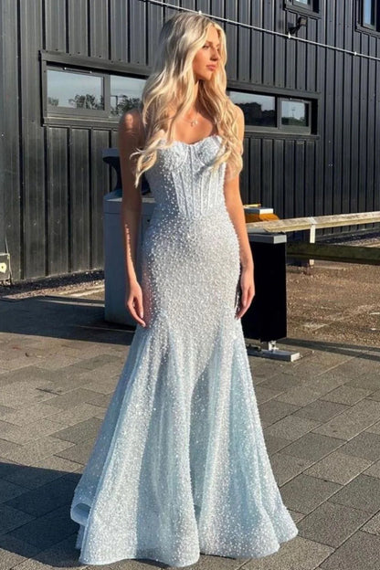 Light Blue Mermaid Spaghetti Straps Long Beaded Prom Dress