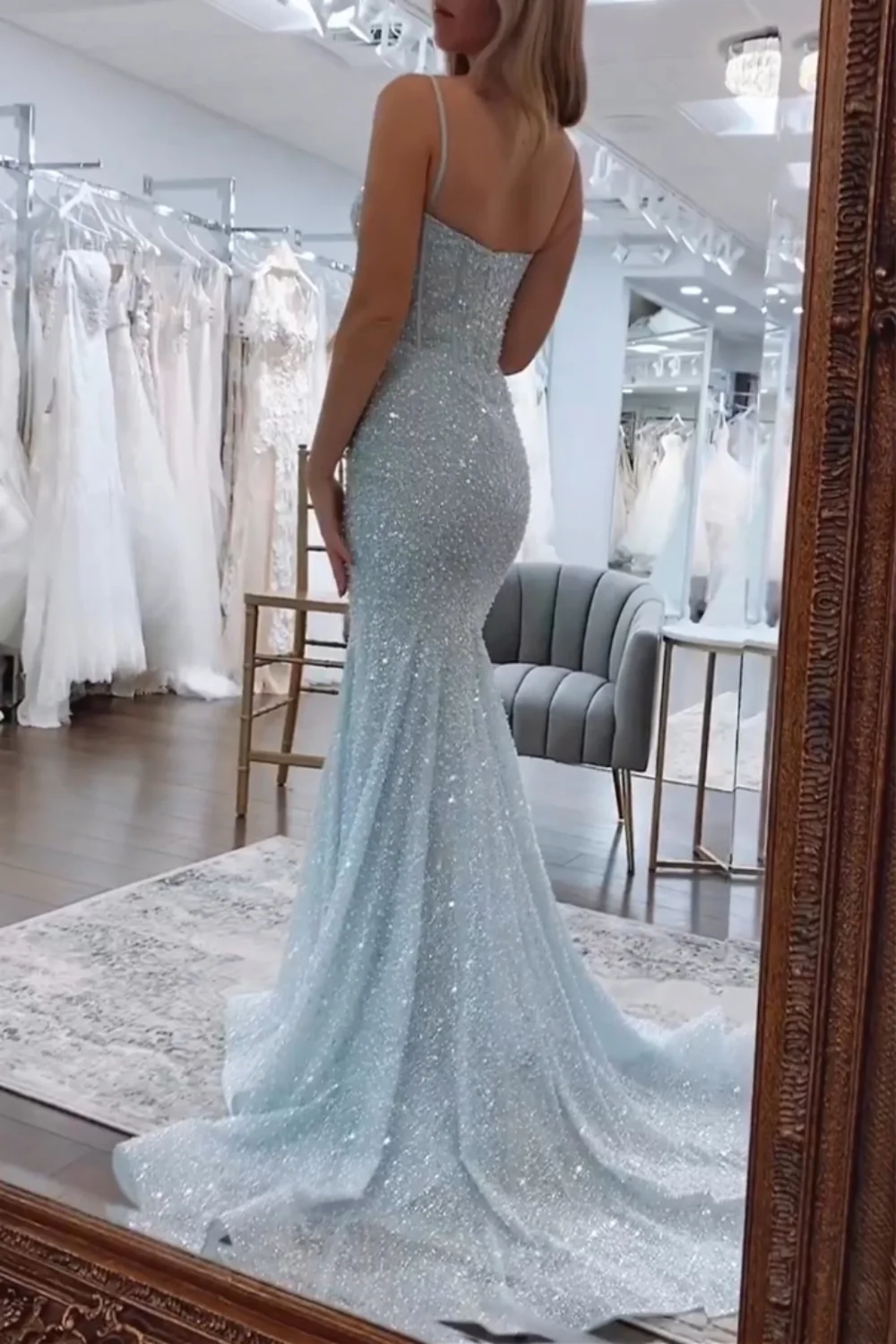 Light Blue Mermaid Spaghetti Straps Long Beaded Prom Dress