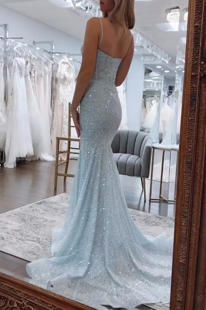Light Blue Mermaid Spaghetti Straps Long Beaded Prom Dress