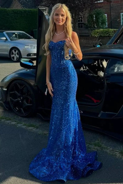 Light Blue Mermaid Spaghetti Straps Long Beaded Prom Dress