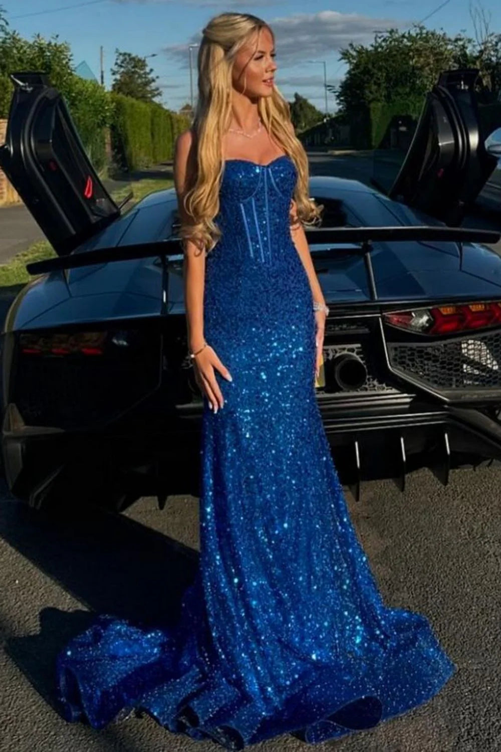 Light Blue Mermaid Spaghetti Straps Long Beaded Prom Dress