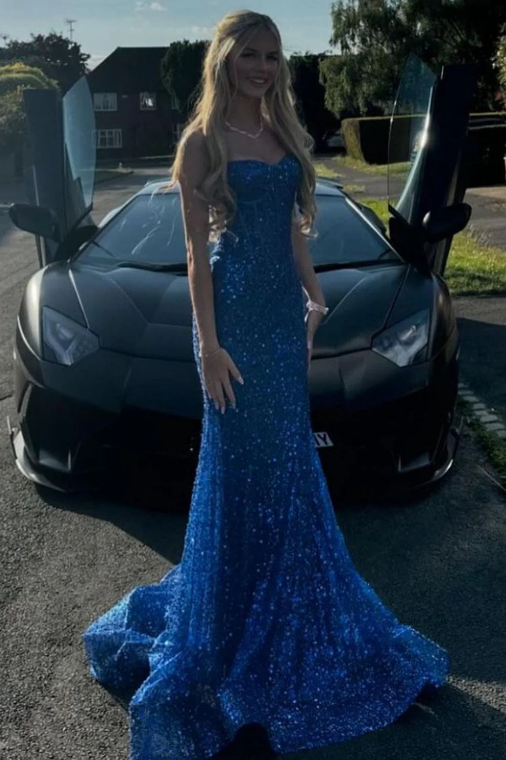 Light Blue Mermaid Spaghetti Straps Long Beaded Prom Dress