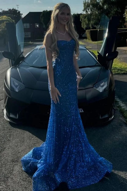 Light Blue Mermaid Spaghetti Straps Long Beaded Prom Dress