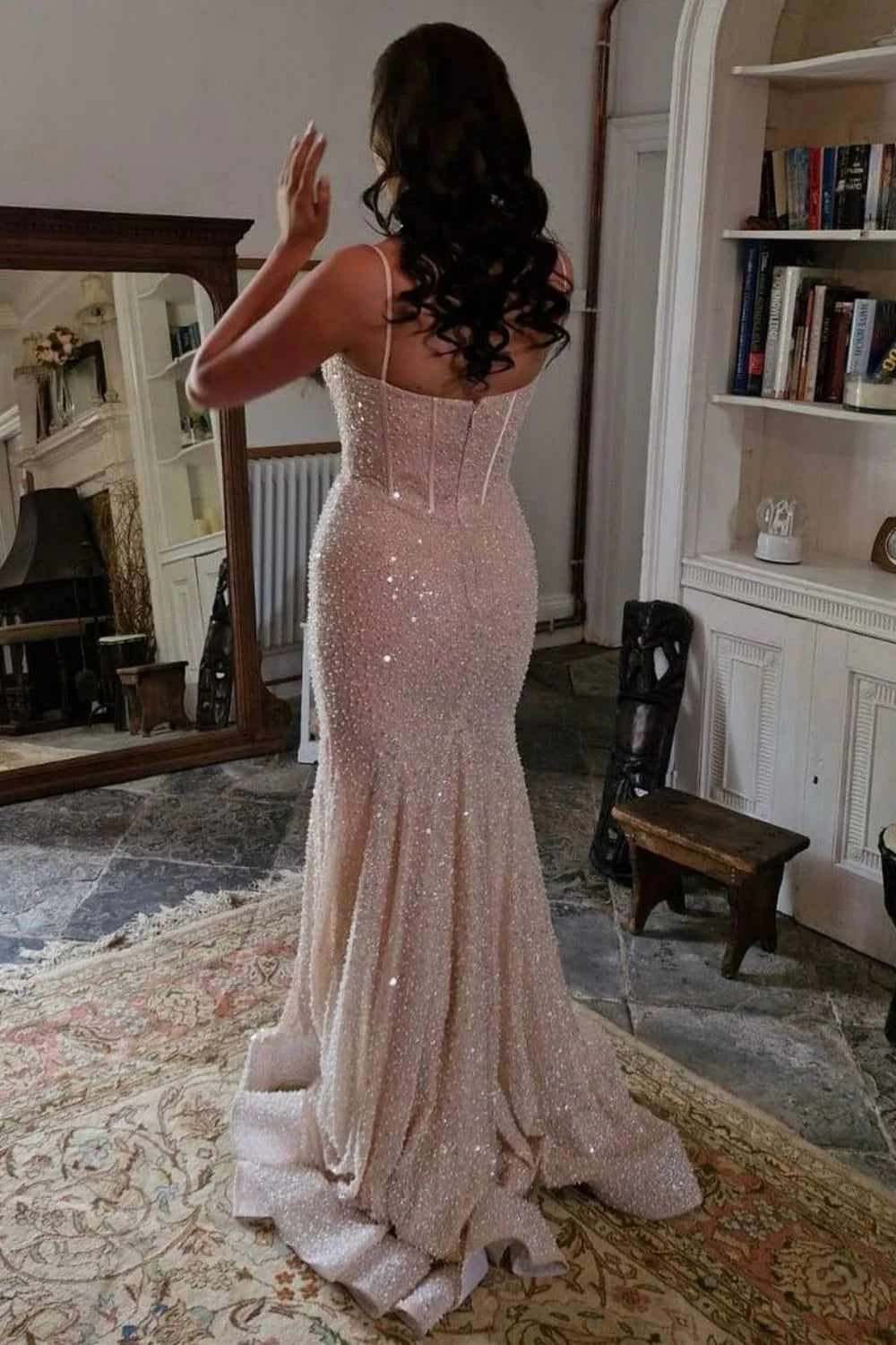 Light Blue Mermaid Spaghetti Straps Long Beaded Prom Dress