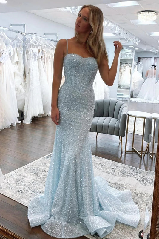 Light Blue Mermaid Spaghetti Straps Long Beaded Prom Dress