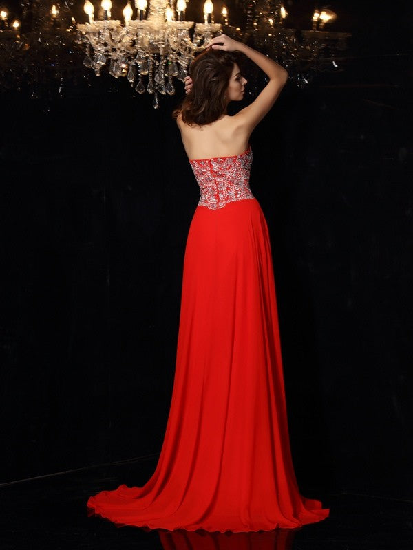 A-Line/Princess Sweetheart Beading Sleeveless Long Chiffon Dresses