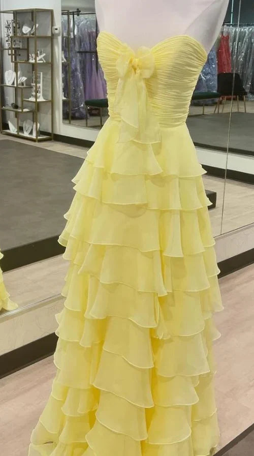 Chiffon Long Prom Dress with Bow on Bodice and Ruffle Skirt