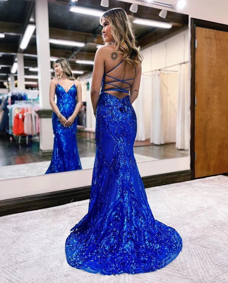 Mermaid V Neck Royalblue Sequins Lace Long Prom Dresses